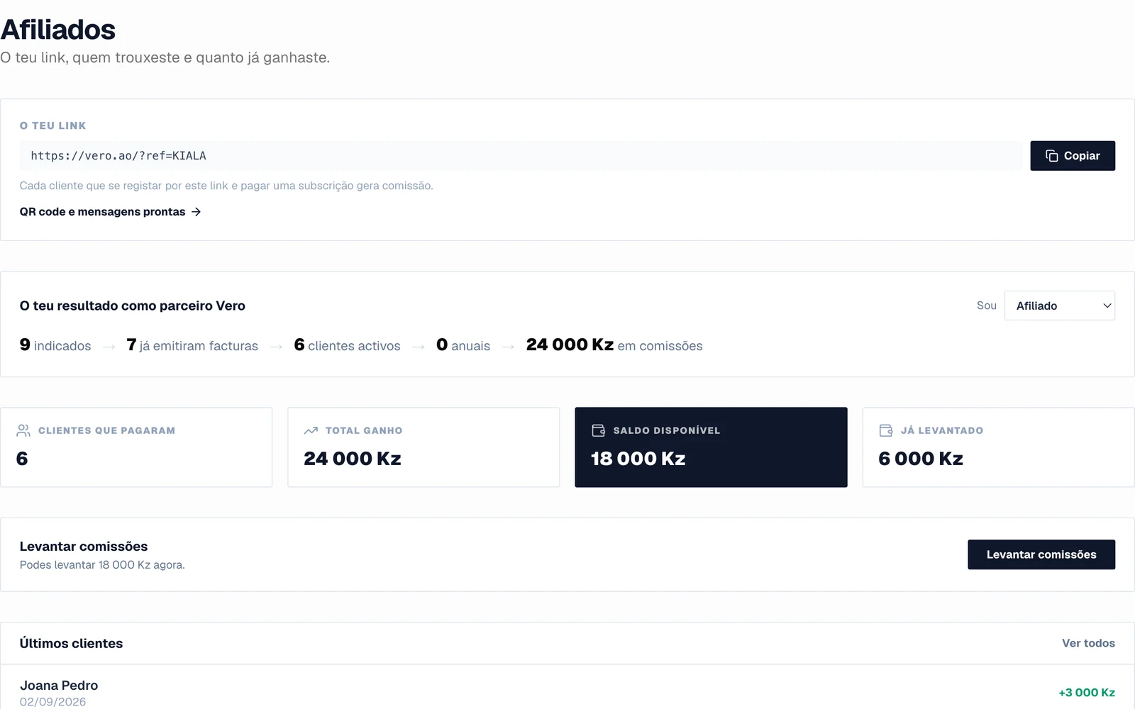 Painel do afiliado no Vero: o link, os clientes trazidos e as comissões