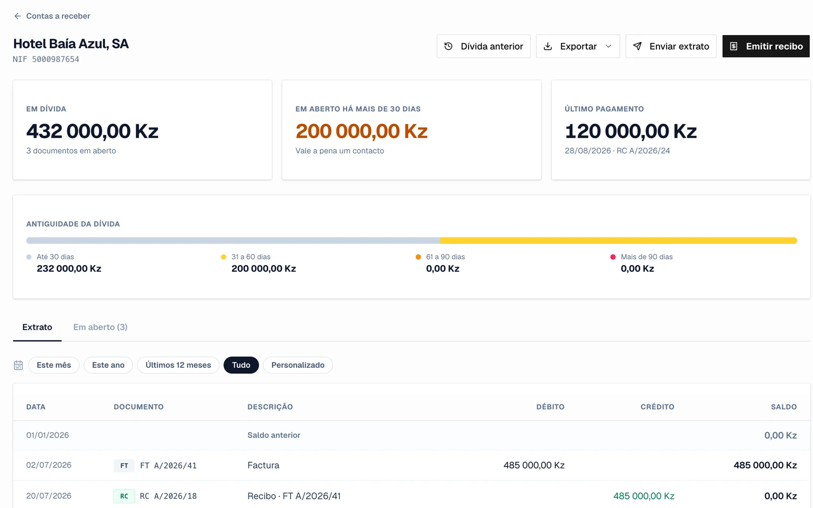 Extrato de conta corrente do cliente no Vero, com Enviar extrato