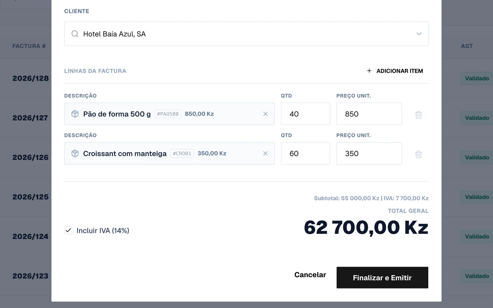 Nova factura no Vero com dois artigos e o total com IVA