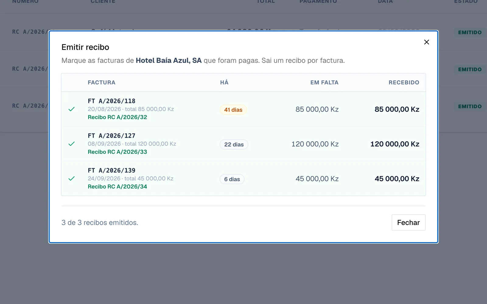 Três recibos emitidos de uma vez no Vero